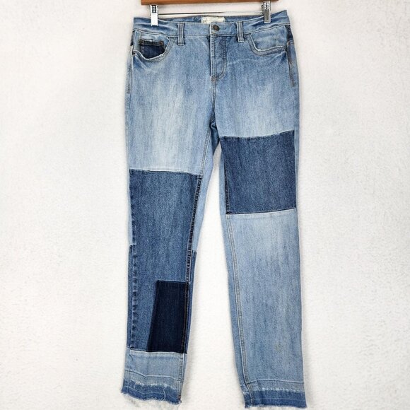 Free People Denim - Free People Jeans Women 29 Blue Mid Rise Tapered Patchwork Raw Hem Stretch Denim